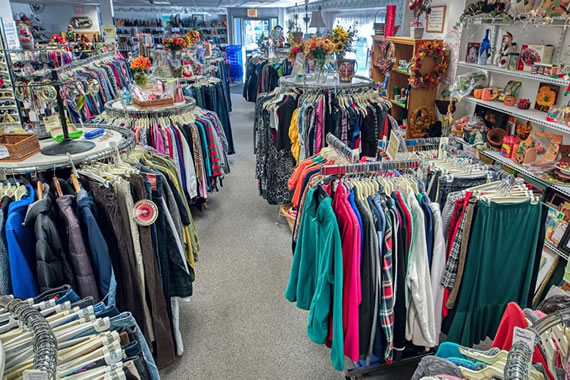 Racks of clothing at the thrift store